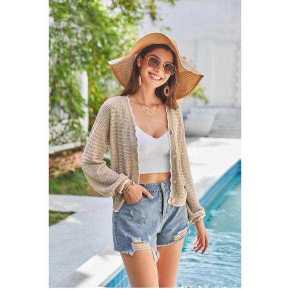 Open Knit Relaxed VNeck Button Long Sleeve Cardigan Grace Karin Tan Beige Medium - Picture 3 of 9